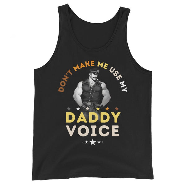 Black tank top featuring humorous design with muscular man and text, perfect gay pride shirt.