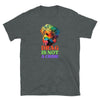 Drag Is Not A Crime Gay Drag Queen Pride T-Shirt in dark heather gray with colorful design.