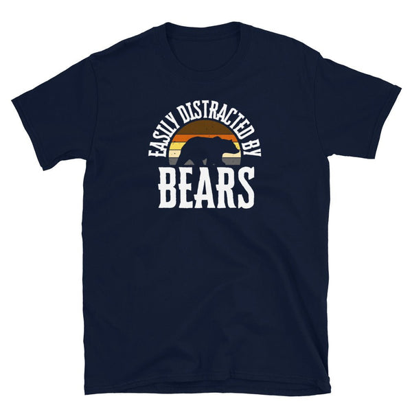 Navy blue shirt with "Easily Distracted By Bears" text and graphic, gay pride apparel.