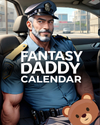 Bearded man in a police uniform sitting in a car on the Fantasy Daddy Calendar cover