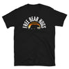 Black t-shirt with 'Free Bear Hugs' text and bear graphic, perfect for gay pride apparel.