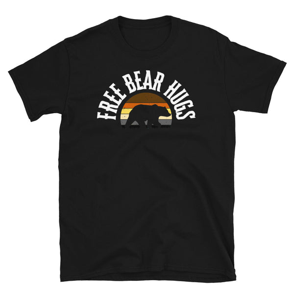 Black t-shirt with 'Free Bear Hugs' text and bear graphic, perfect for gay pride apparel.