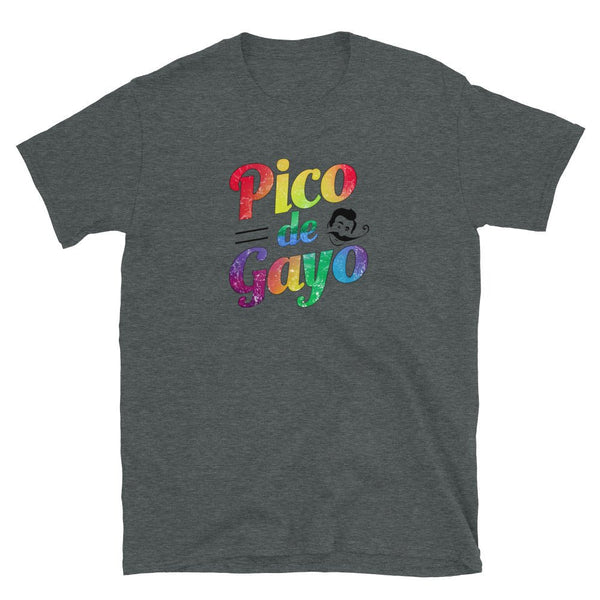 Funny Cinco De Mayo LGBT Shirt | Pico De Gayo | Funny Gay Mexican LBTQ Gift with colorful text design on grey shirt.