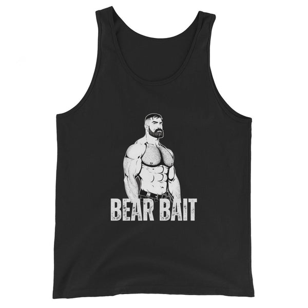 Black tank top featuring a muscular man graphic and 'BEAR BAIT' text for gay pride apparel.
