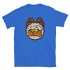 Graphic blue shirt with 'Feed Me to the Bears' design, LGBTQ+ pride apparel.