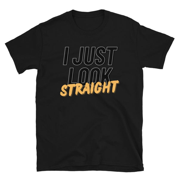 Black funny gay pride t-shirt with 'I Just Look Straight' graphic design.