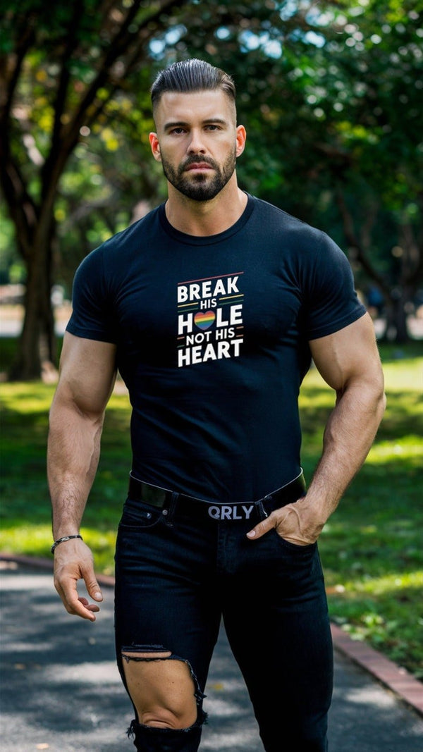 Men's black shirt with funny gay design, perfect for LGBTQ pride apparel.
