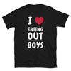 Funny Gay Shirt featuring humorous text about cooking and friends on a black tee.