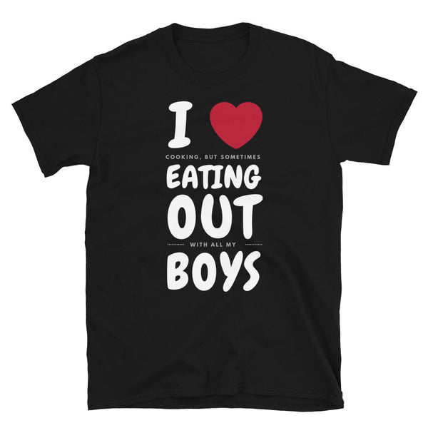 Funny Gay Shirt featuring humorous text about cooking and friends on a black tee.
