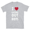 Funny Gay Shirt featuring humorous 'I love eating out boys' graphic on soft gray fabric.