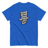 Funny gay shirt in blue with text 'Shade Never Made Anybody Less Gay', ideal LGBTQ pride gift.