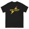 Black t-shirt featuring yellow lightning design and bold text for funny gay gift.