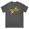 Funny gay shirt featuring 'One Sniff & Anything Fits' design in yellow on dark fabric.