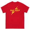 One Sniff & Anything Fits T-Shirt in red with yellow lightning design, gay shirt, pride apparel.