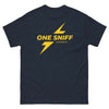 100% cotton navy shirt featuring bold lightning graphic, humorous design.