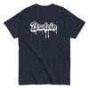 Funny Gay T-Shirt - Brotein with dripping text design on navy background.