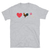 Funny Gay T-Shirt featuring heart, rooster, and lollipop design on gray fabric.