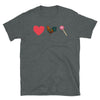 Funny Gay T-Shirt featuring heart, rooster, and lollipop graphic. Grey shirt, LGBT clothing.