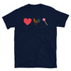 Funny Gay T-Shirt featuring heart, rooster, and lollipop graphics