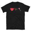 Black funny gay t-shirt featuring heart, rooster, and lollipop graphics.