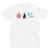 Funny Gay T-Shirt, Peach, Eggplant, Squirt Emoji Shirt design on a white tee.