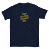 Navy blue gay shirt with "Stay Golden, Shower Boy" text for LGBTQ pride.