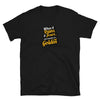 Funny Golden Shower Shirt - When It Rains It Pours Tee - LGBTQ Gay Watersports on black cotton fabric.