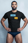 funny Grindr gay shirt worn by muscular man featuring chat bubble design saying ‘Looking? Yep.’ LGBT hookup humor tee