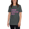 Funny Lesbian Shirt featuring pink text on a dark heather tee, perfect for pride apparel.