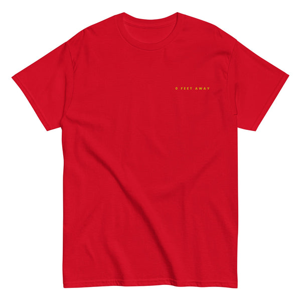 Bright red unisex tee featuring '0 Feet Away' text, perfect gay pride apparel.