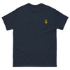 Funny Rush Incense Poppers - Embroidery Pocket Tee in navy blue, featuring a colorful graphic badge, trendy gay shirt.