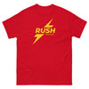 Red funny gay shirt featuring bold yellow "RUSH" graphic design.