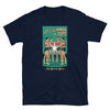 Funny Tarot Gay Let's Summon Tops TShirt featuring four men graphic, navy blue color, LGBT pride apparel.