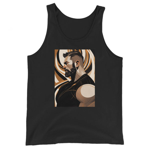 Black tank top featuring gay abstract art of a bearded man, gay pride apparel.