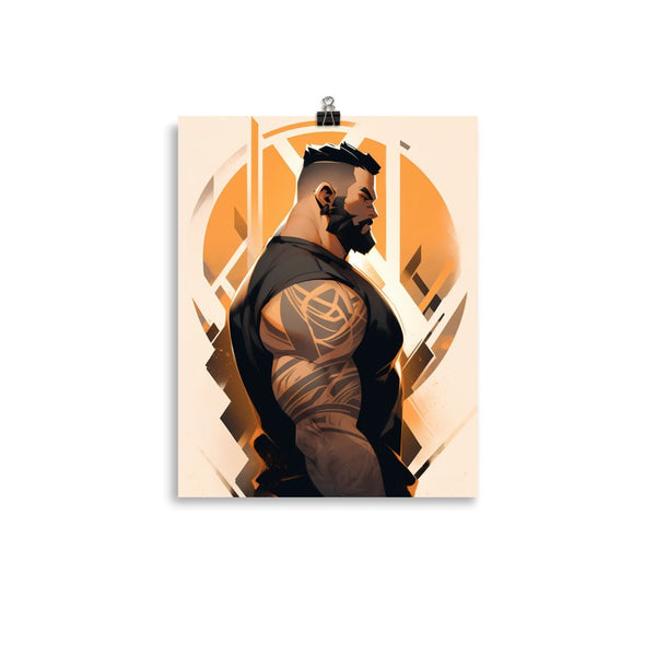 Bearded hot daddy poster featuring muscular man with tattoos in orange tones, gay art design.