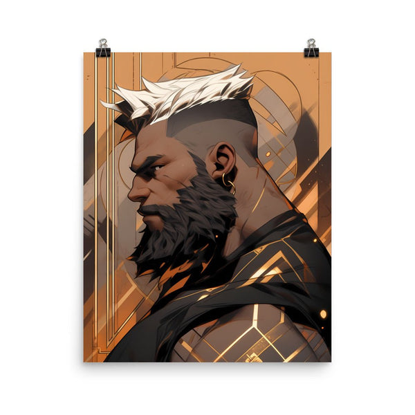 Profile art of a muscular man with a beard and stylish hair, featuring bold colors.