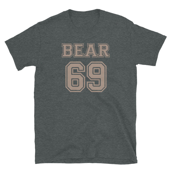 Gay Bear 69 Community Tshirt for Gay Pride ShirtGay Bear Clothing in dark grey with graphic number design.
