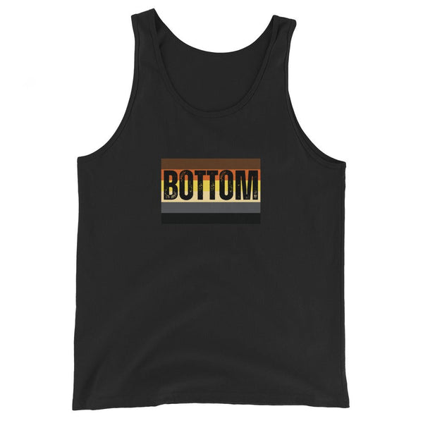Gay Bear Bottom tank top with bold 'BOTTOM' graphic on black fabric.