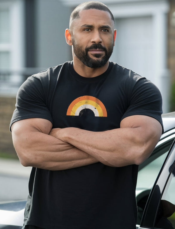 Man wearing Gay Bear Community Tshirt for Gay Pride ShirtGay Bear Tee Rainbow with rainbow graphic.