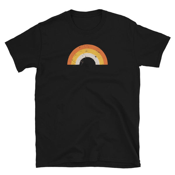 Black t-shirt featuring a colorful retro rainbow design, perfect gay pride apparel.