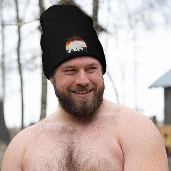Gay Bear Embroidered Beanie Gay Hat LGBTQIA worn by a smiling man outdoors.