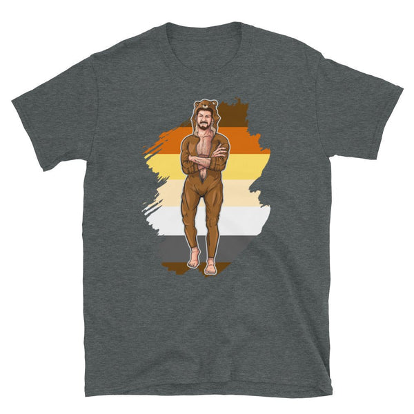 Muscle bear man graphic on gay pride shirt, featuring bear pride colors and funny design.
