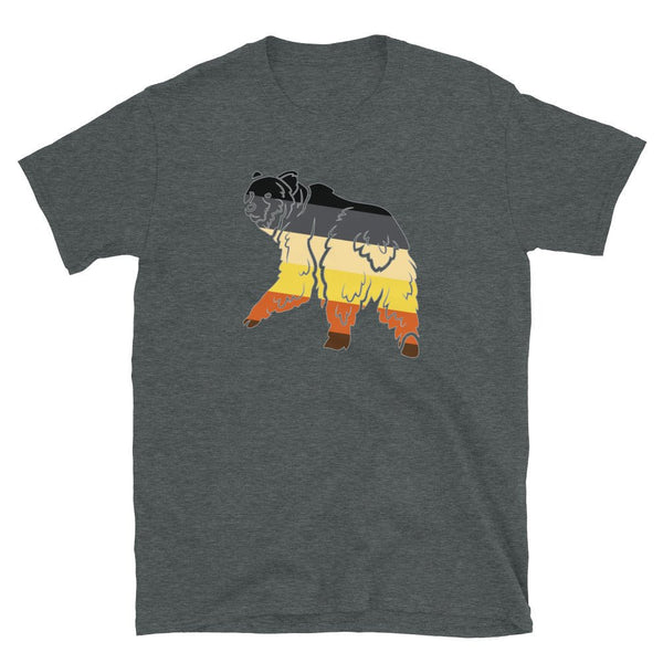 Gay Bear Men Shirt - Cute Gay Bear Paw Pride Flag Colors for Gay Bear Cubs 15 on dark grey fabric.