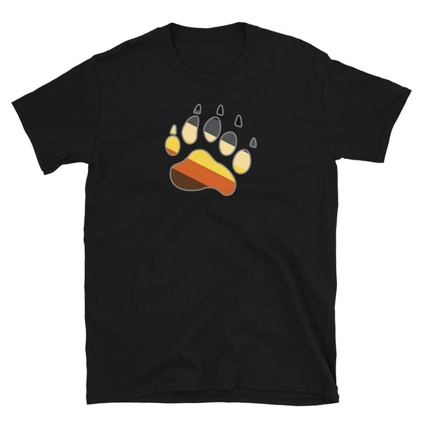 Gay Bear Men Shirt - Cute Gay Bear Paw Pride Flag Colors for Gay Bear Cubs 16, black t-shirt with colorful bear paw design.