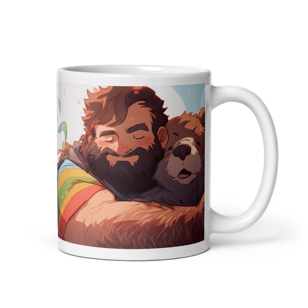 GAY BEAR MUG - Cute Anime Bear Man Hugging Bear, Gay Pride design on glossy mug.