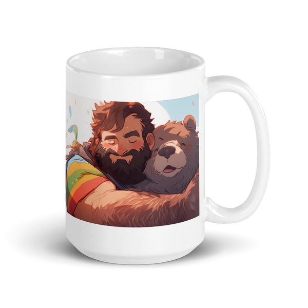 GAY BEAR MUG - Cute Anime Bear Man Hugging Bear, Gay Pride White glossy mug design.