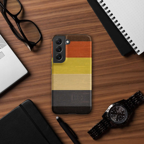 Gay Bear Pride Flag Wooden Texture Print Case for Samsung® on wooden desk.