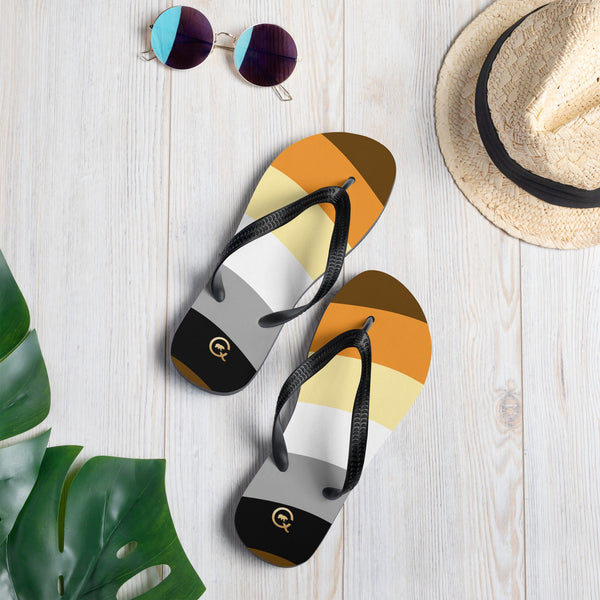 Gay Bear Pride Flip-Flops featuring colorful stripes and black rubber straps for summer comfort.