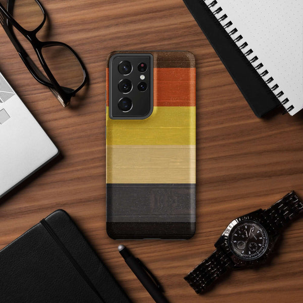 Gay Bear Pride Flag Wooden Texture Print Case for Samsung® on a wooden desk.