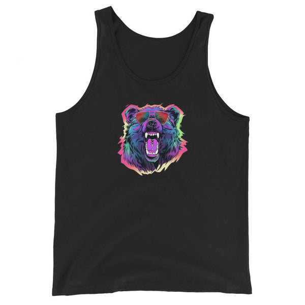 Black tank top featuring a colorful bear graphic, perfect for gay pride apparel.